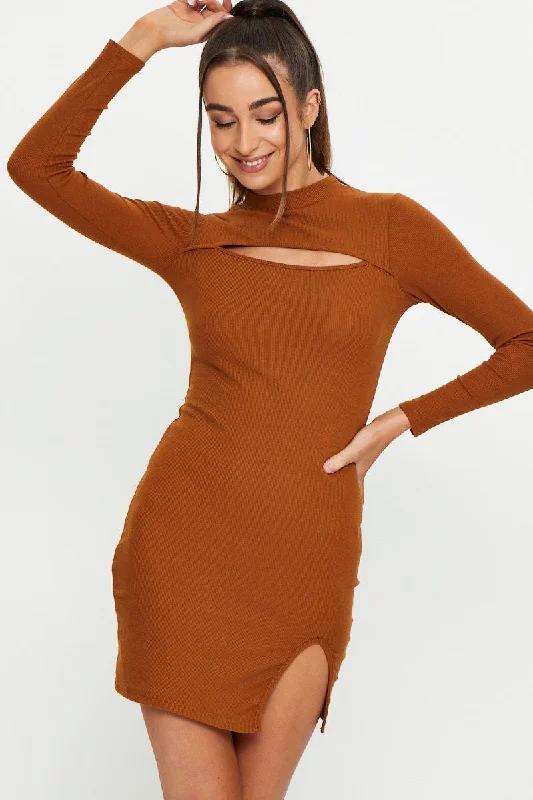 Women's Casual Apparel For Weekends Brown Shrug Bodycon Dress