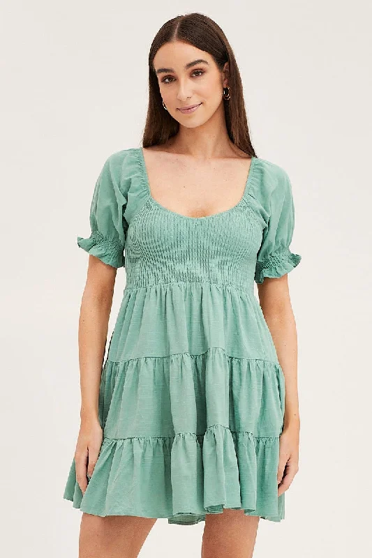 Women's Sporty Chic Clothes Green Puff Sleeve Shirred Tiered Skater Dress